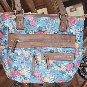 Rosetti Blue and Brown Tote Bag with Floral Design